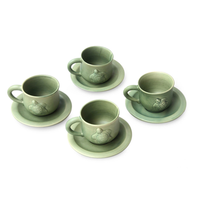 Ceramic cups and saucers, 'Turtle Action' (set for 4) - Ceramic Cups and Saucers (Set of 4)