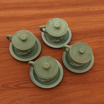 Ceramic cups and saucers, 'Green Geckos' (set for 4) - Ceramic cups and saucers (Set for 4)