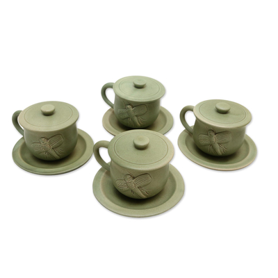 Tazas y platillos de cerámica (juego para 4) - Tazas y platillos hechos a mano verdes (juego de 4)