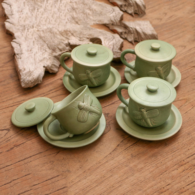 Ceramic cups and saucers, 'Dragonfly Myths' (set for 4) - Green Handmade Cups & Saucers (Set of 4)