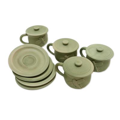 Keramiktassen und Untertassen, (Set für 4) - Grüne handgefertigte Tassen und Untertassen (4er-Set)