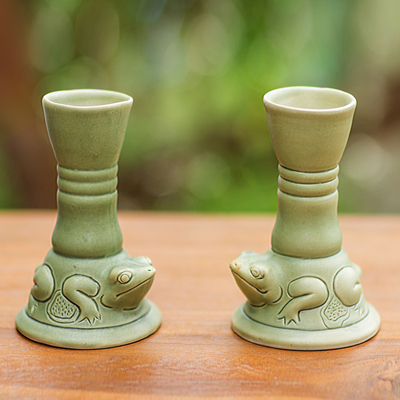Keramische Kerzenhalter, (Paar) - Grüne Kerzenhalter aus Keramik mit Tiermotiv (Paar)
