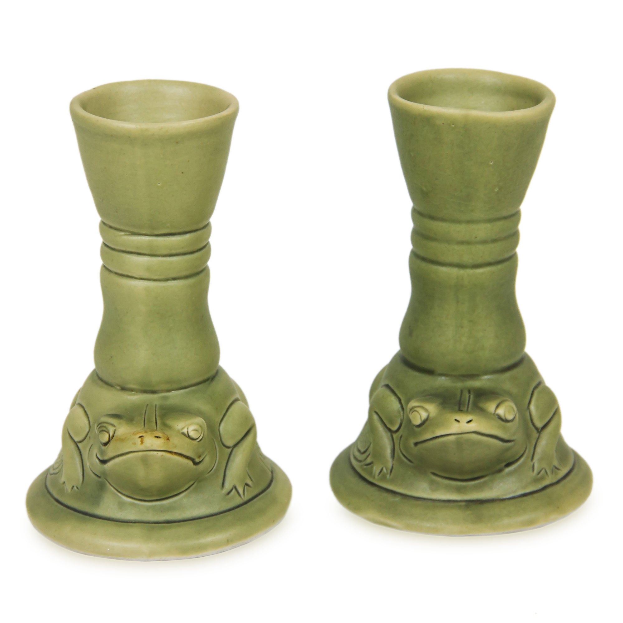 Green Ceramic Animal Themed Candle Holders (Pair) Yoke Frog NOVICA