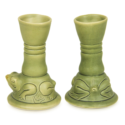 Ceramic candleholders, 'Yoke Frog' (pair) - Green Ceramic Animal Themed Candle Holders (Pair)