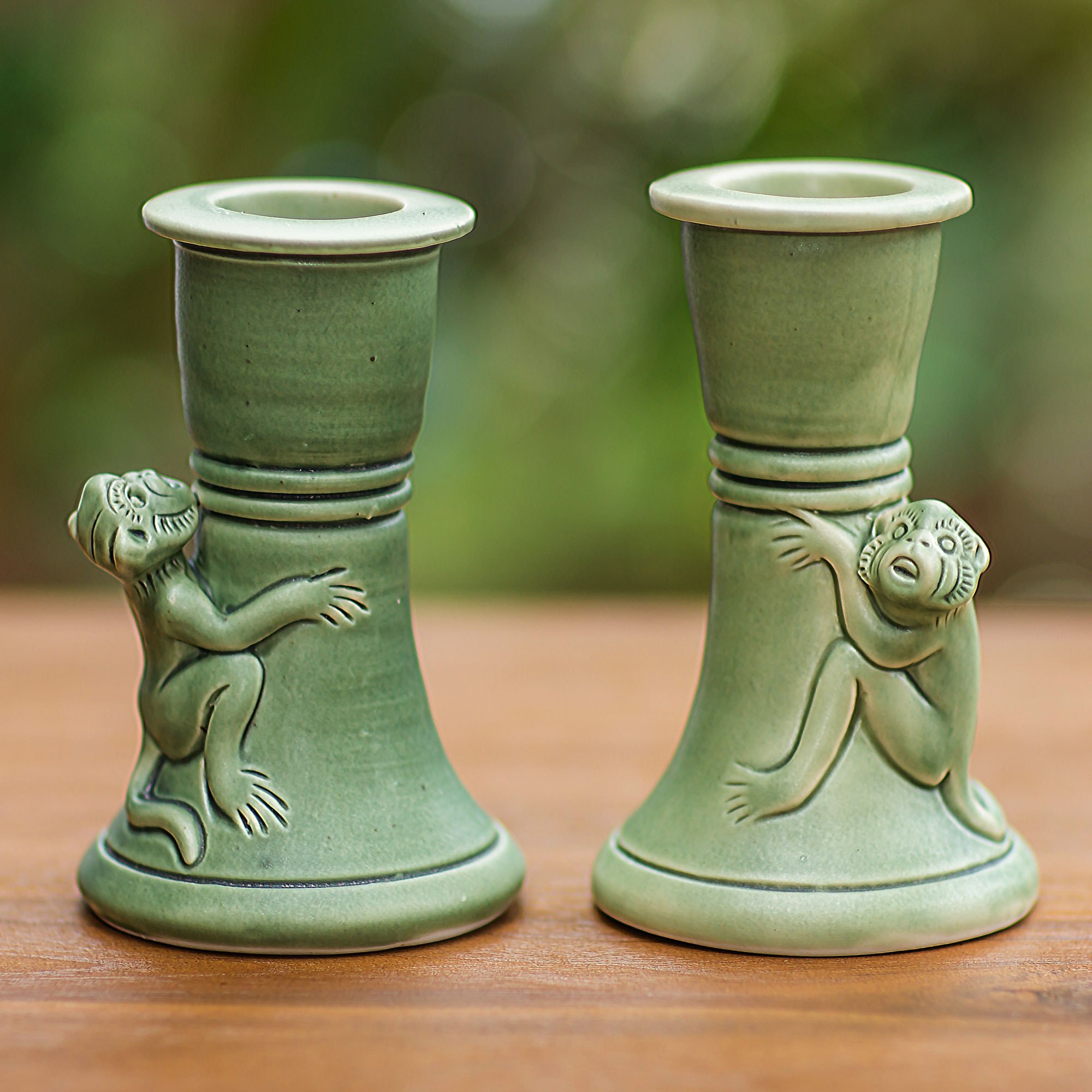 Green Ceramic Monkey Candle Holders (Pair) Mandrill NOVICA