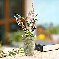 Ceramic vase, 'Forest Leaves' - Handcrafted Green Ceramic Vase