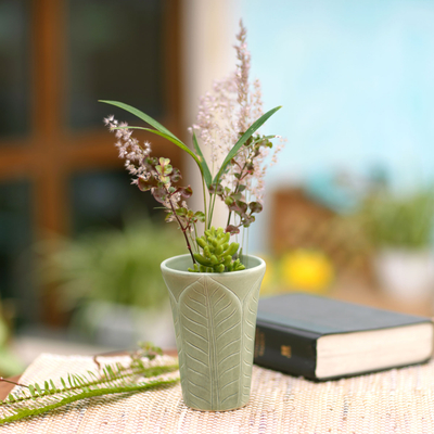Ceramic vase, 'Forest Leaves' - Handcrafted Green Ceramic Vase