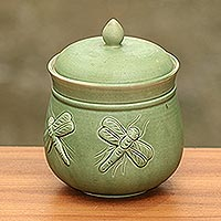 Ceramic jar, 'Balinese Dragonfly' - Dragonfly Green Ceramic Kitchen Jar Canister with Lid