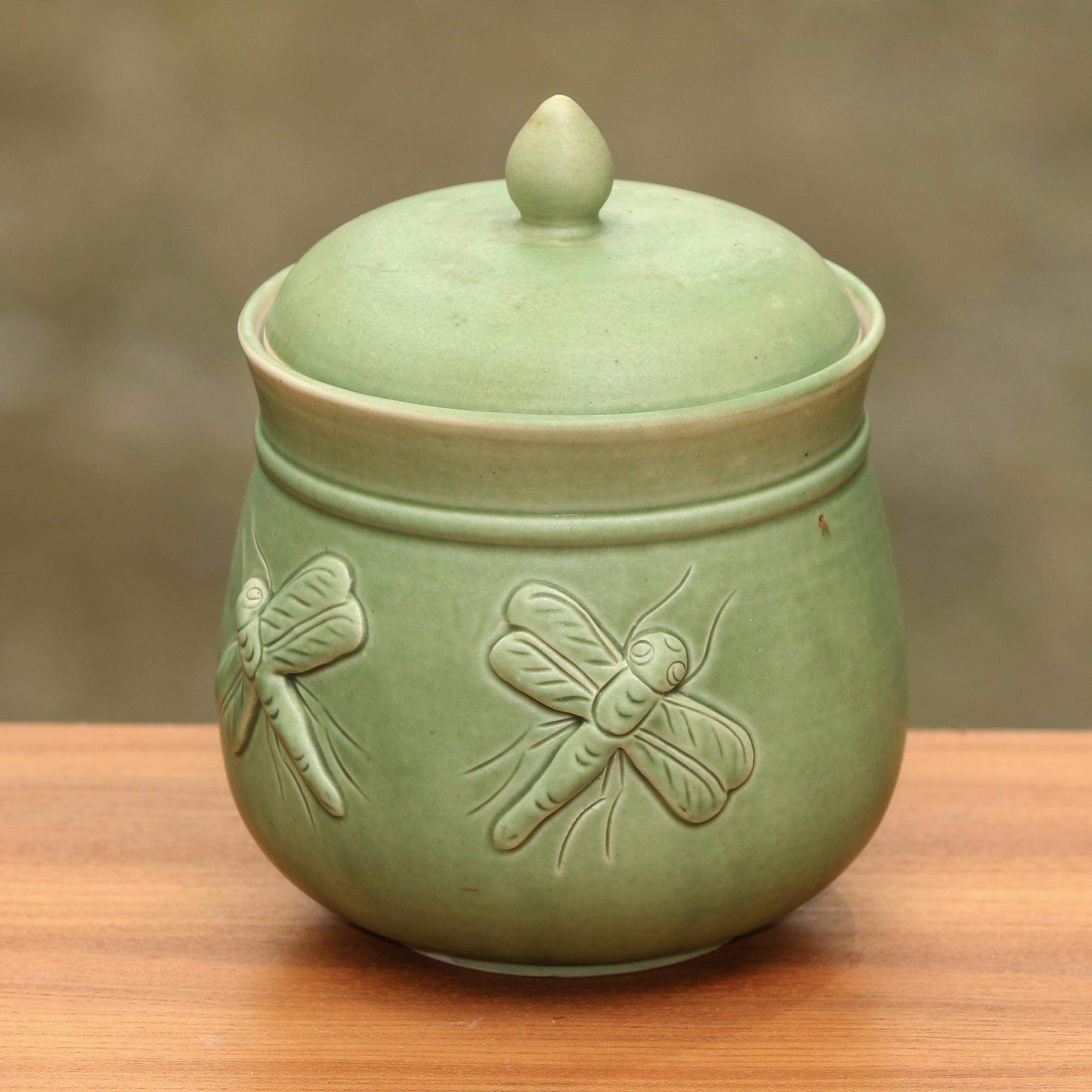 UNICEF Market Dragonfly Green Ceramic Kitchen Jar Canister with Lid