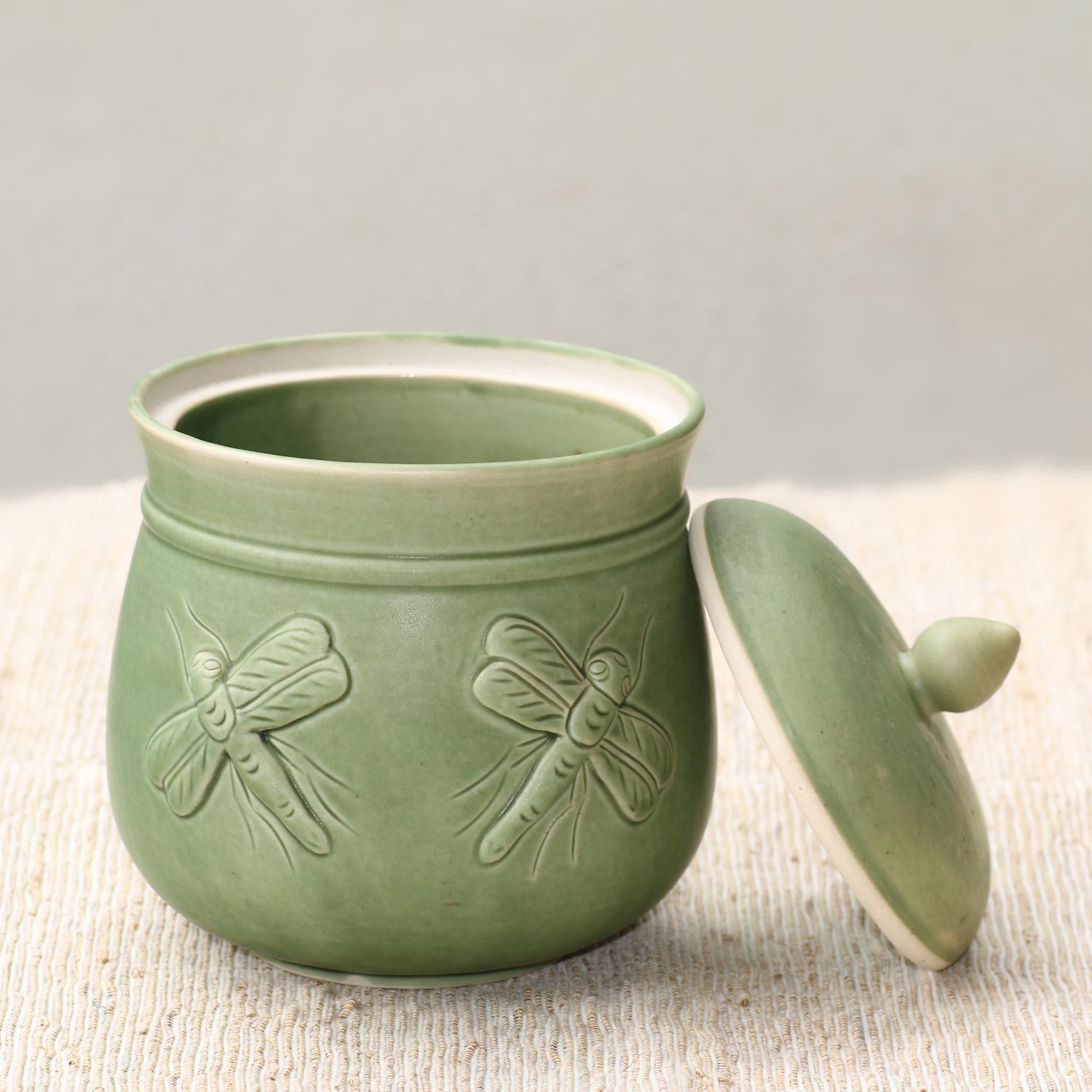 Dragonfly Green Ceramic Kitchen Jar Canister with Lid Balinese
