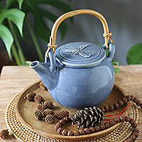 Ceramic teapot, 'Round Dragonfly' - Blue Ceramic Teapot