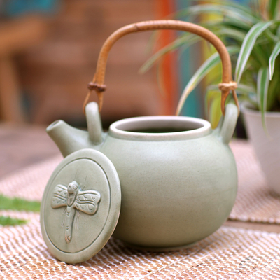 Teekanne aus Keramik - Grüne Keramik-Teekanne, handgefertigt in Indonesien