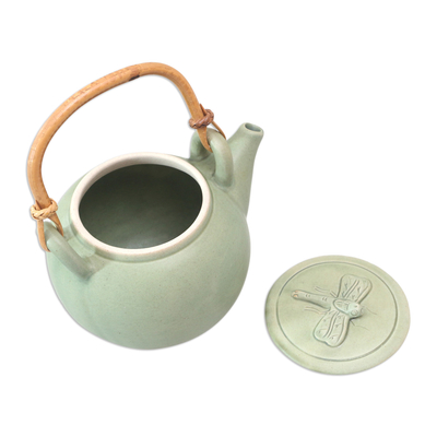 Ceramic teapot, 'Landing' - Green Ceramic Teapot Handmade in Indonesia