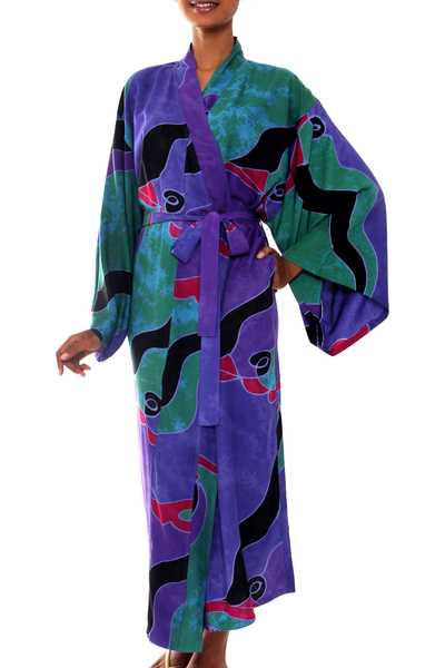 Women's batik robe, 'Turquoise Ocean' (long) - Women's Batik Patterned Robe