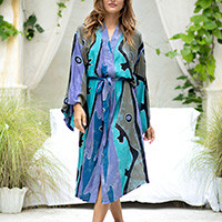 Women's batik robe, 'Seaside Blue' (long) - Women's Handcrafted Batik Rayon Loungewear