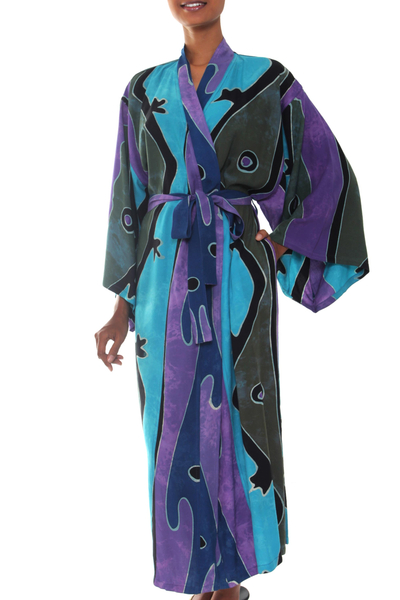 Women's batik robe, 'Seaside Blue' (long) - Women's Handcrafted Batik Robe