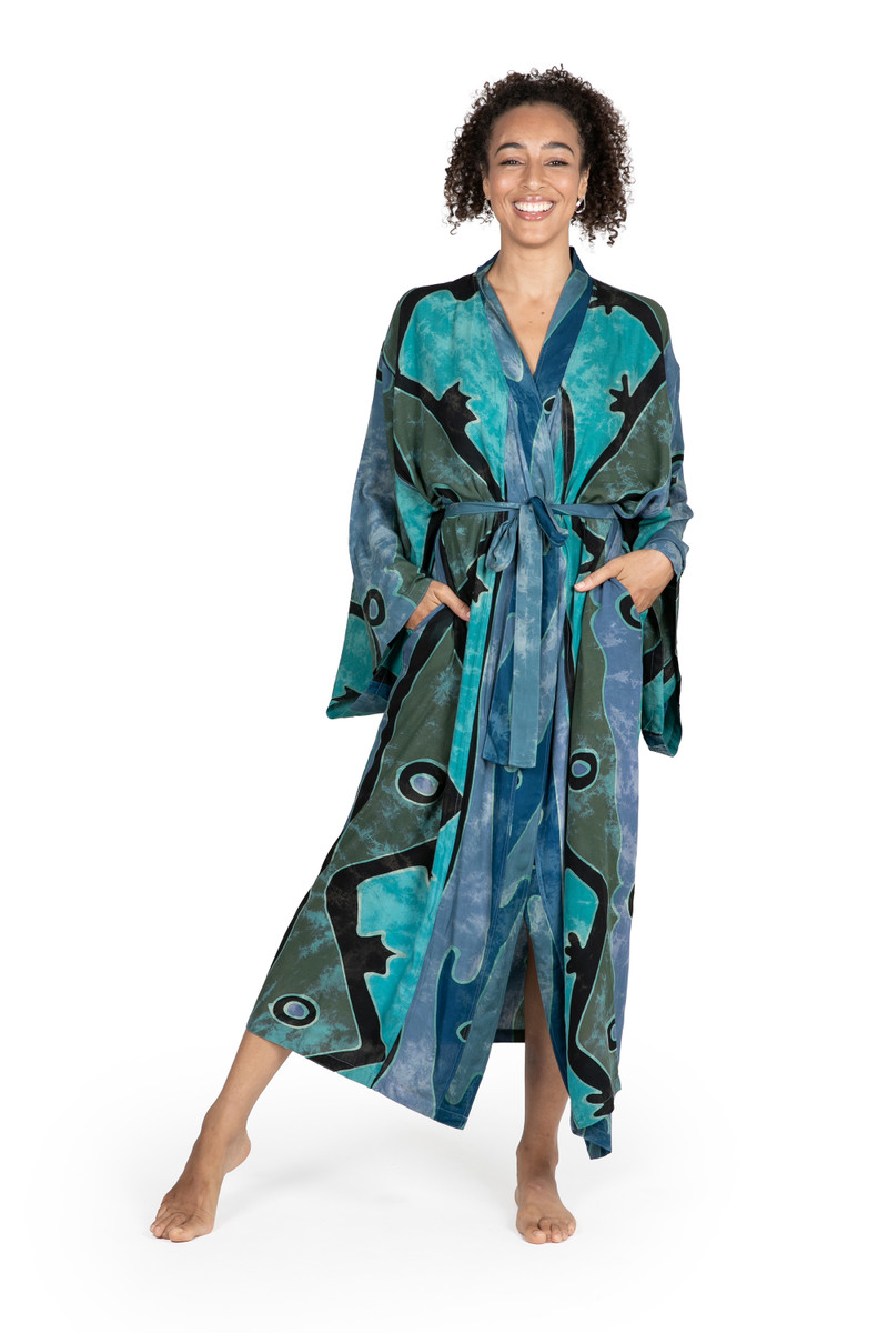Spa Robe Batik Women's Handcrafted Batik Robe - Seaside Blue | NOVICA