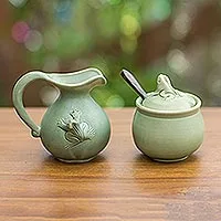 Ceramic sugar bowl and creamer, 'Fancy Frogs' - Fair Trade Ceramic Sugar Bowl and Creamer