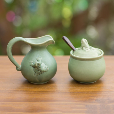 Ceramic sugar bowl and creamer, 'Fancy Frogs' - Fair Trade Ceramic Sugar Bowl and Creamer