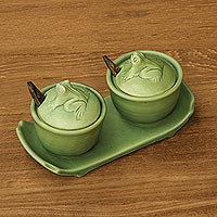 Ceramic condiment set, 'Coriander Frogs' - Green Ceramic Condiment Set with Self-Tray and  Spoons