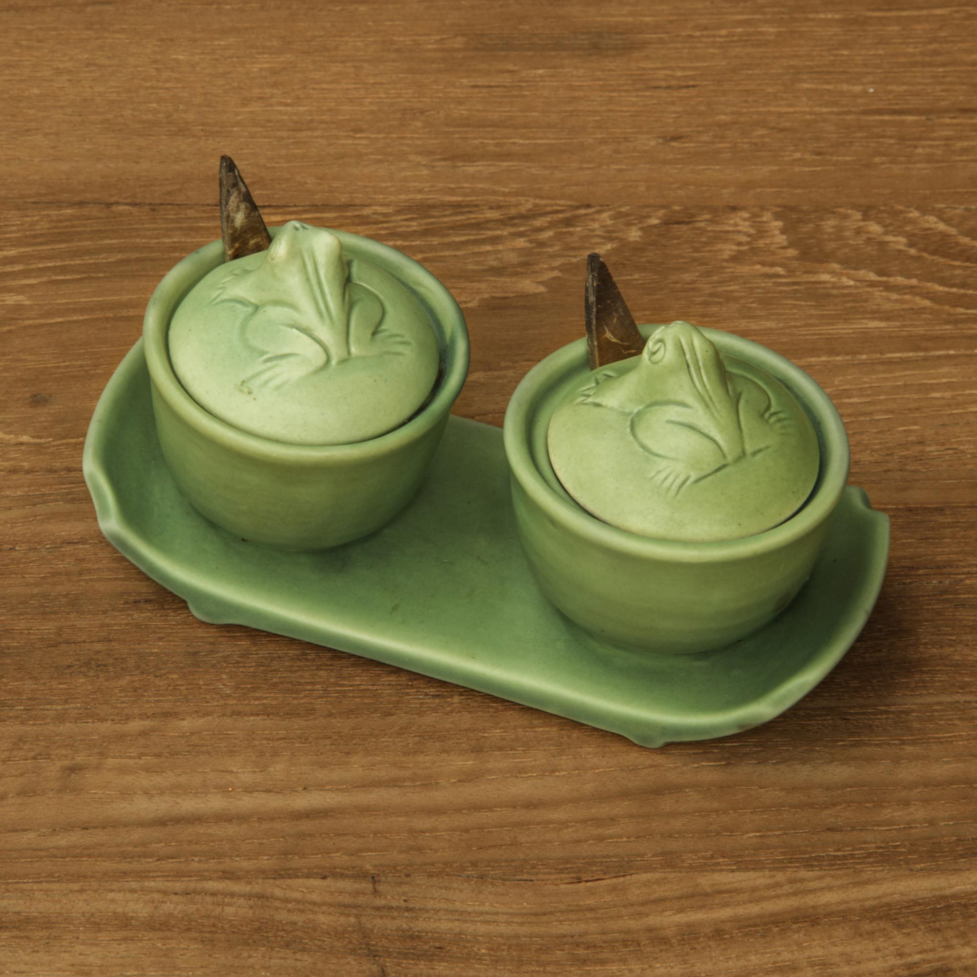 UNICEF Market Green Ceramic Condiment Set with SelfTray and Spoons