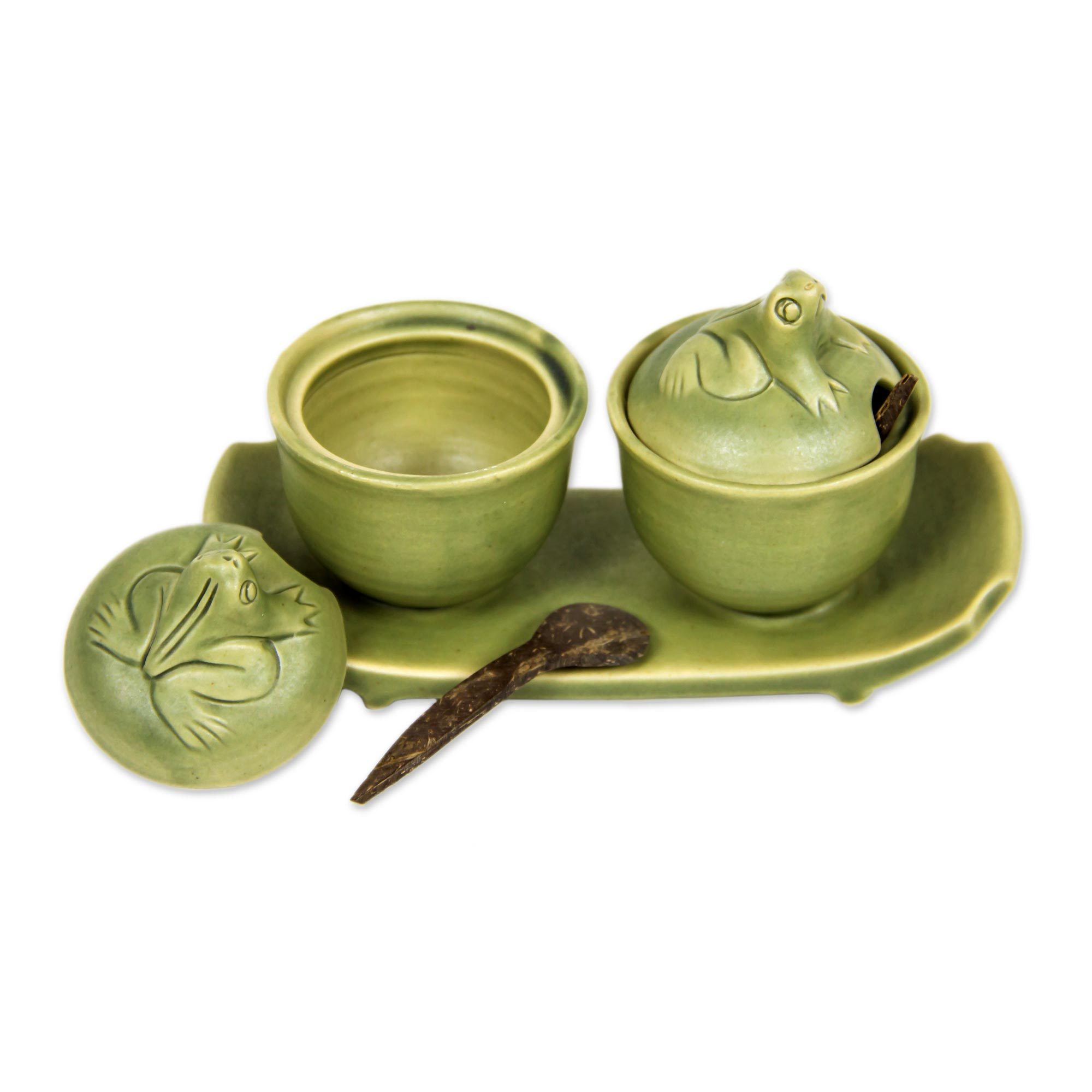 UNICEF Market Green Ceramic Condiment Set with SelfTray and Spoons