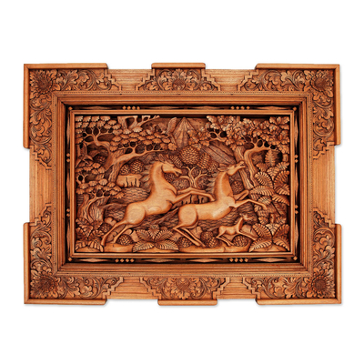 'Carreras de caballos', panel en relieve - Panel en relieve de madera hecho a mano
