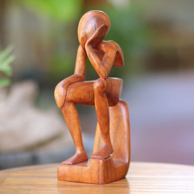 Wood sculpture, 'Pensive I' - Fair Trade Thinking Sculpture