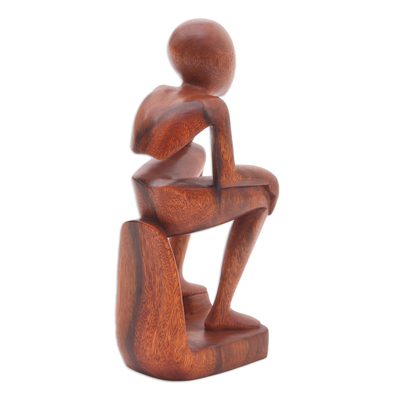 Wood sculpture, 'Pensive I' - Fair Trade Thinking Sculpture