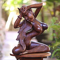 Wood statuette, 'Graceful Dancer' - Female Nude Sculpture