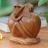 Wood statuette, 'Romancing Monkey' - Handcarved Wood Two Monkey's Statuette