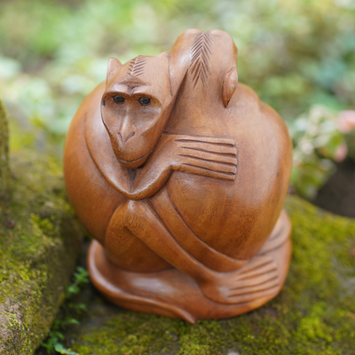 Wood statuette, 'Romancing Monkey' - Artisan Crafted Wood Statuette