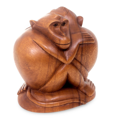 Wood statuette, 'Romancing Monkey' - Artisan Crafted Wood Statuette