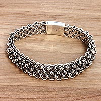 Handmade Sterling Silver Wristband Bracelet - Sparkling Blooms | NOVICA