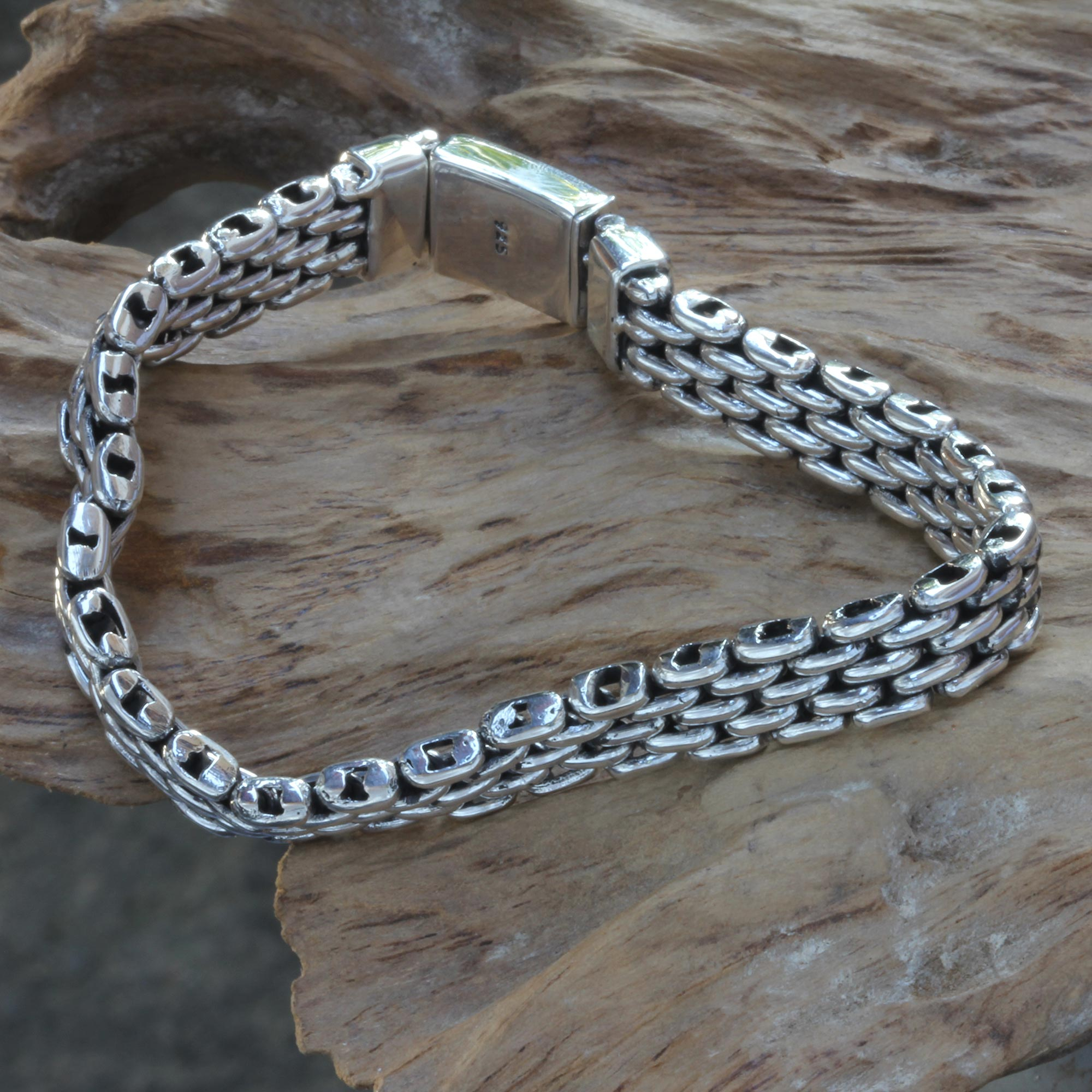 Men's Sterling Silver Wristband Bracelet, 'Intermezzo'