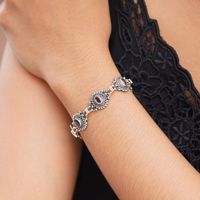 Garnet link bracelet, 'Forbidden Fruit' - Handmade Sterling Silver Garnet Link Bracelet