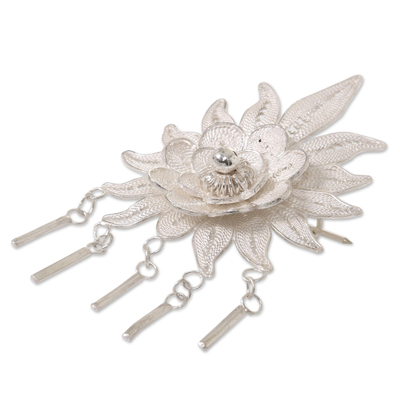Sterling silver brooch pin, 'Flower on Fire' - Sterling silver brooch pin