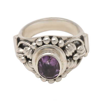 Amethyst solitaire ring, 'Bird Song' - Unique Indonesian Sterling Silver and Amethyst Ring
