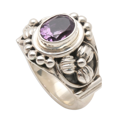 Amethyst solitaire ring, 'Bird Song' - Unique Indonesian Sterling Silver and Amethyst Ring