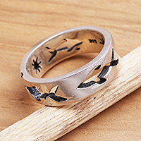 Sterling silver band ring, 'Shark Journey'