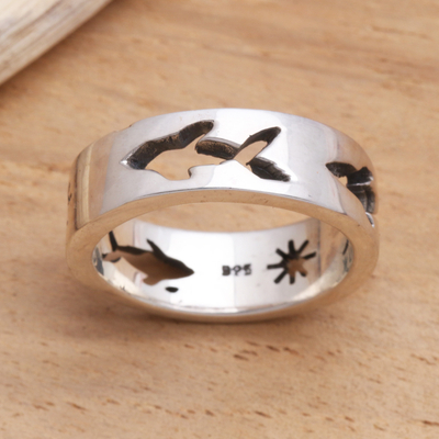 Sterling silver band ring, 'Shark Journey' - Handcrafted Sterling Silver Band Ring