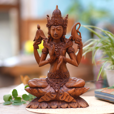 Wood statuette, 'Shiva on Lotus' - Wood statuette