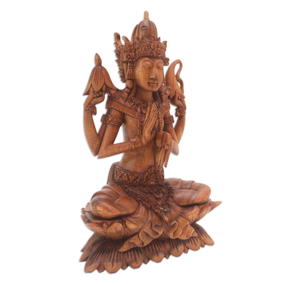 Wood statuette, 'Shiva on Lotus' - Wood statuette