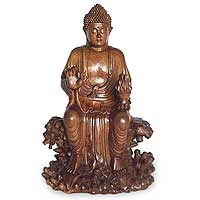Wood statuette, 'Buddha on Coral' - Wood statuette
