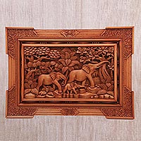 Wood relief panel, 'Long Journey' - Hand Made Elephant Relief Panel