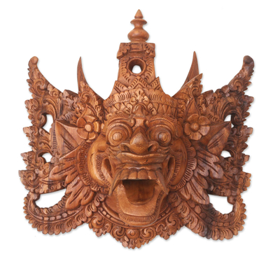 Wood mask, 'Epic Monkey King' - Bold Natural Wood Mask of the Balinese Monkey King