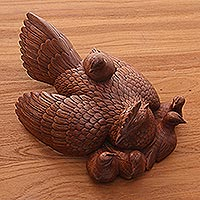 Wood statuette, 'Chicken Family' - Hand Made Wood Statuette