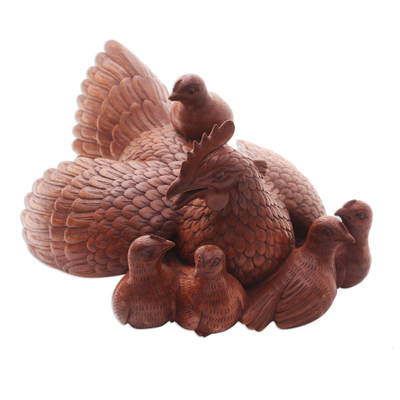 Wood statuette, 'Chicken Family' - Hand Made Wood Statuette