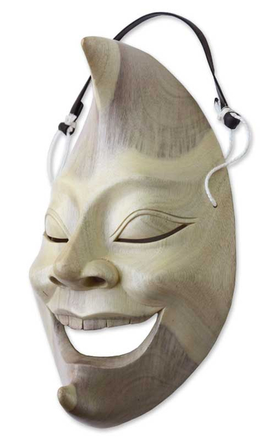 Wood mask, 'Joyous Moon Face' - Modern Carved Wood Mask