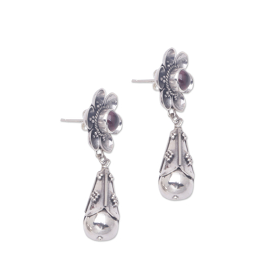 Garnet dangle earrings, 'Goyang Rose' - Garnet Floral Sterling Silver Earrings
